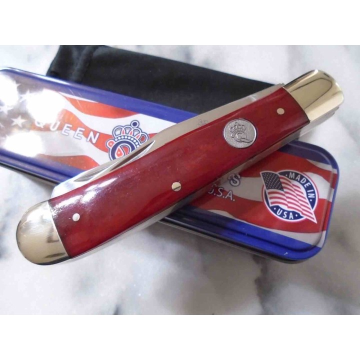 Couteau Queen Cutlery Trapper Red Smooth Bone Lame Clip/Spey Acier 1095 Made USA QRSB54 - Livraison Gratuite