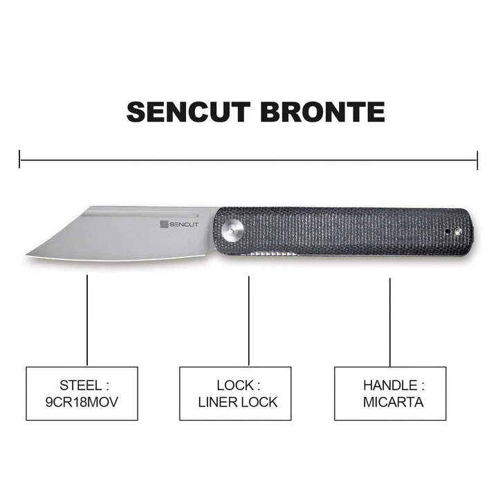 Couteau Sencut Bronte Front Black Manche Micarta Lame Acier 9Cr18MoV Manche IKBS Linerlock Clip SA08A - Livraison Gratuite