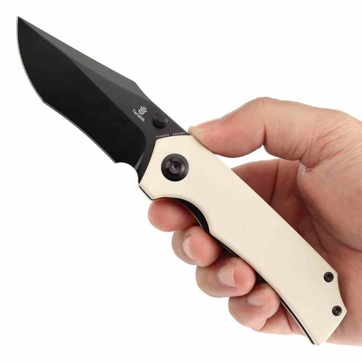 Couteau Tenable Fermi Ivory Lame Acier 14C28N BLK Manche G10 Liner Lock Clip T1122A1 - Livraison Gratuite