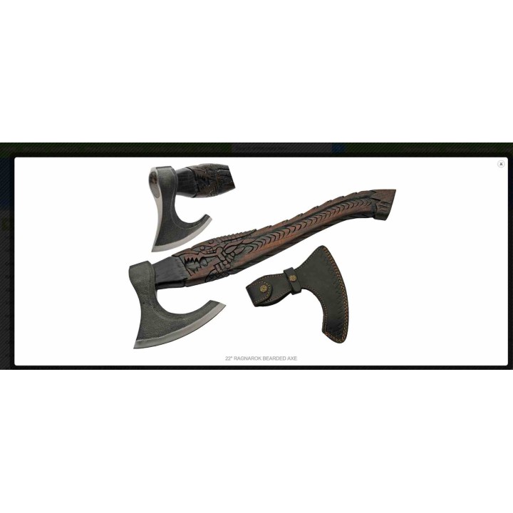 Hache Viking Rite Edge Ragnarok Lame Forgée Acier Manche Bois Frêne Sculpté Étui Cuir PA882476 - Livraison Gratuite