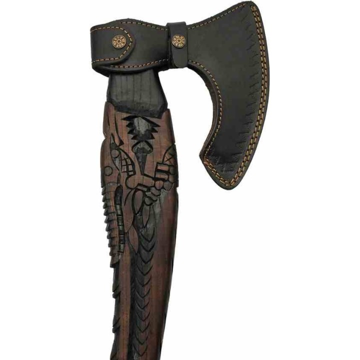 Hache Viking Rite Edge Ragnarok Lame Forgée Acier Manche Bois Frêne Sculpté Étui Cuir PA882476 - Livraison Gratuite