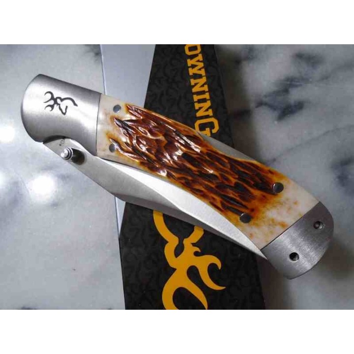 Couteau Browning Lame Clip Point Acier 9Cr13CoMoV Manche Os Jigged Marron Lockback BR0530B - Livraison Gratuite