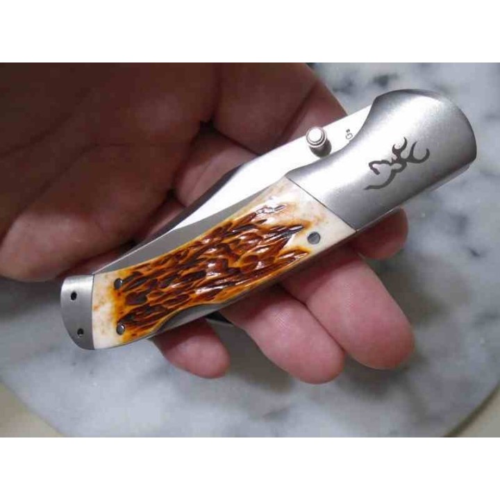Couteau Browning Lame Clip Point Acier 9Cr13CoMoV Manche Os Jigged Marron Lockback BR0530B - Livraison Gratuite