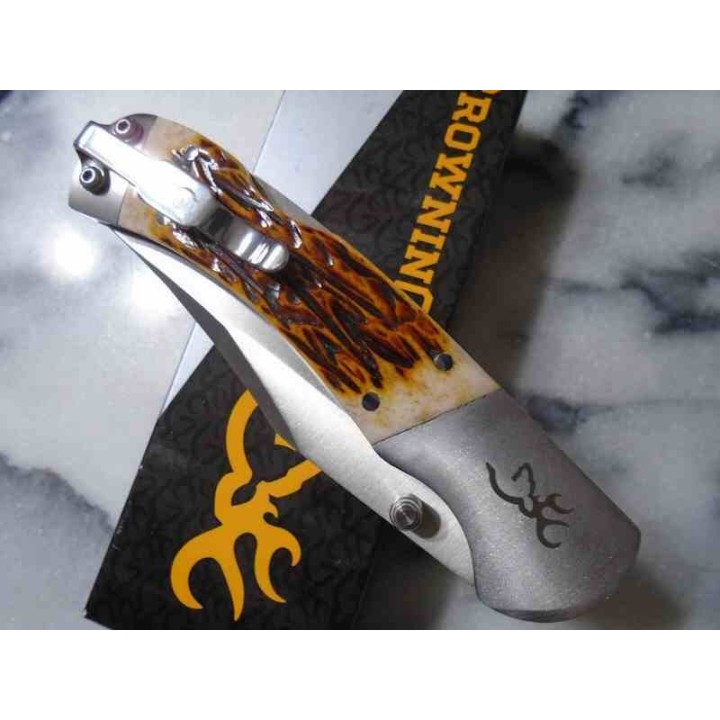 Couteau Browning Lame Clip Point Acier 9Cr13CoMoV Manche Os Jigged Marron Lockback BR0530B - Livraison Gratuite