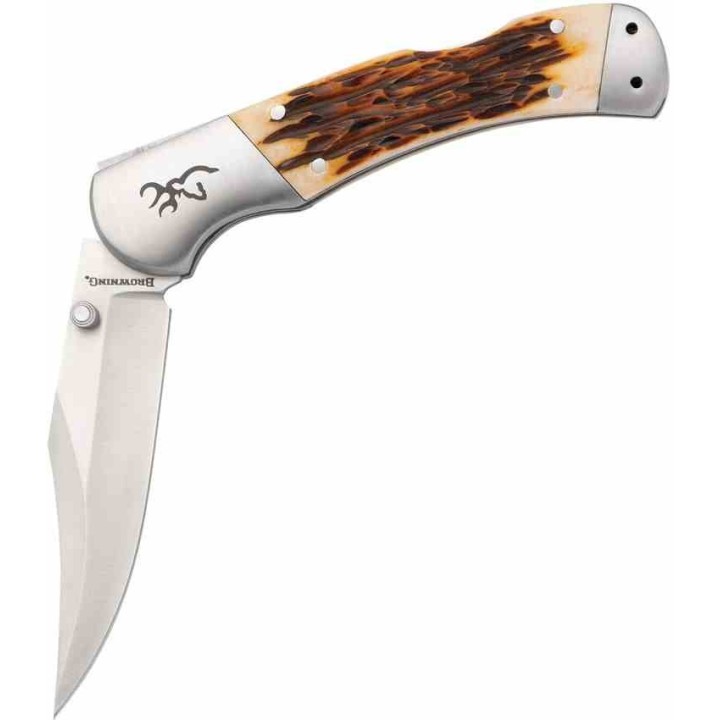 Couteau Browning Lame Clip Point Acier 9Cr13CoMoV Manche Os Jigged Marron Lockback BR0530B - Livraison Gratuite