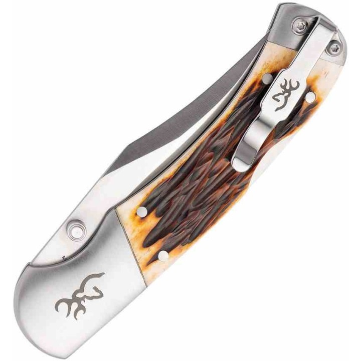Couteau Browning Lame Clip Point Acier 9Cr13CoMoV Manche Os Jigged Marron Lockback BR0530B - Livraison Gratuite