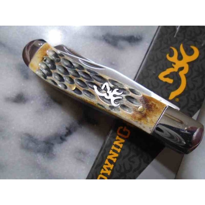 Couteau Browning Trapper Lames Clip et Spey Acier Inox Manche Os Jigged Naturel BR0551B - Livraison Gratuite