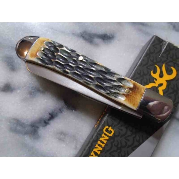 Couteau Browning Trapper Lames Clip et Spey Acier Inox Manche Os Jigged Naturel BR0551B - Livraison Gratuite