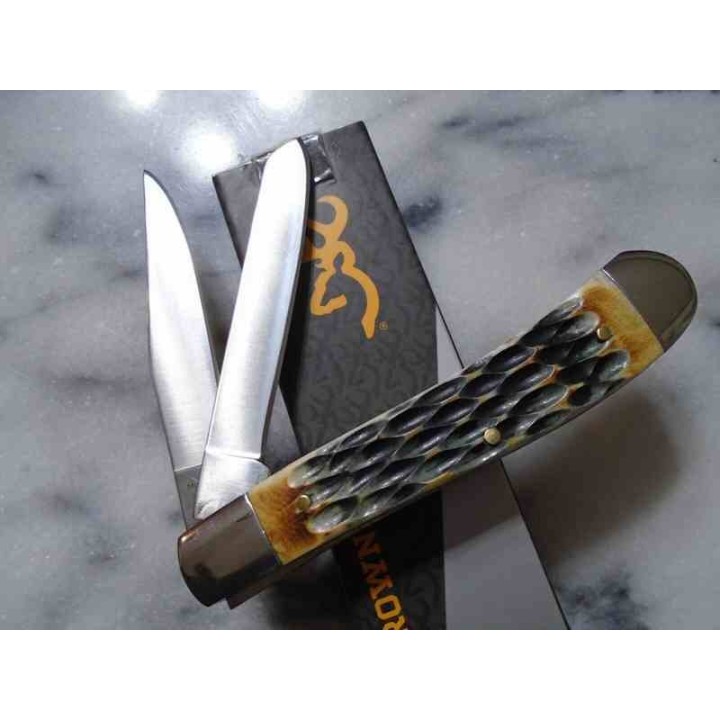 Couteau Browning Trapper Lames Clip et Spey Acier Inox Manche Os Jigged Naturel BR0551B - Livraison Gratuite