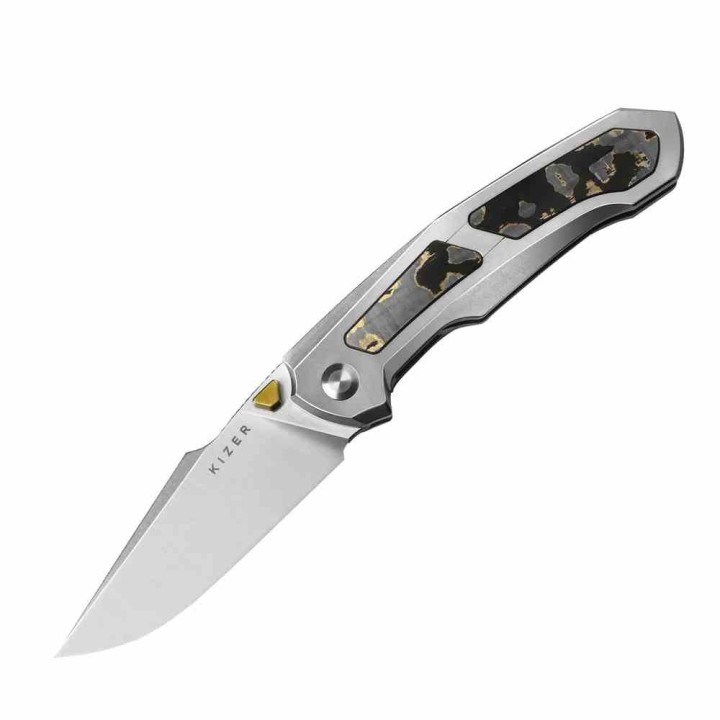 Couteau Pliant Kizer Feweed Lame Harpon Acier Z-Wear PM Manche Titane/FatCarbon Or Frame Lock Clip Ki3694A4 - Livraison Gratuite