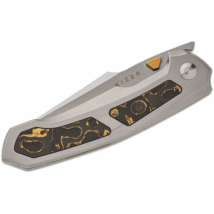 Couteau Pliant Kizer Feweed Lame Harpon Acier Z-Wear PM Manche Titane/FatCarbon Or Frame Lock Clip Ki3694A4 - Livraison Gratuite
