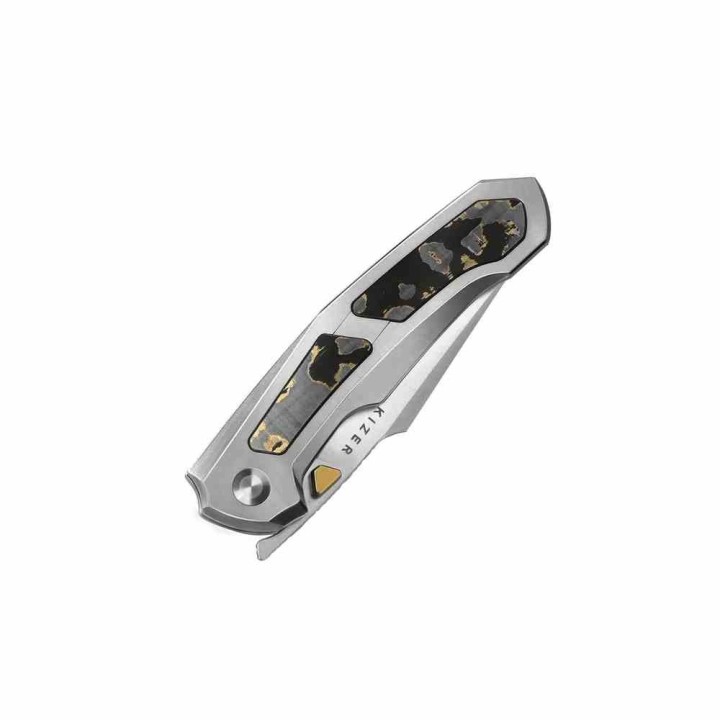 Couteau Pliant Kizer Feweed Lame Harpon Acier Z-Wear PM Manche Titane/FatCarbon Or Frame Lock Clip Ki3694A4 - Livraison Gratuite