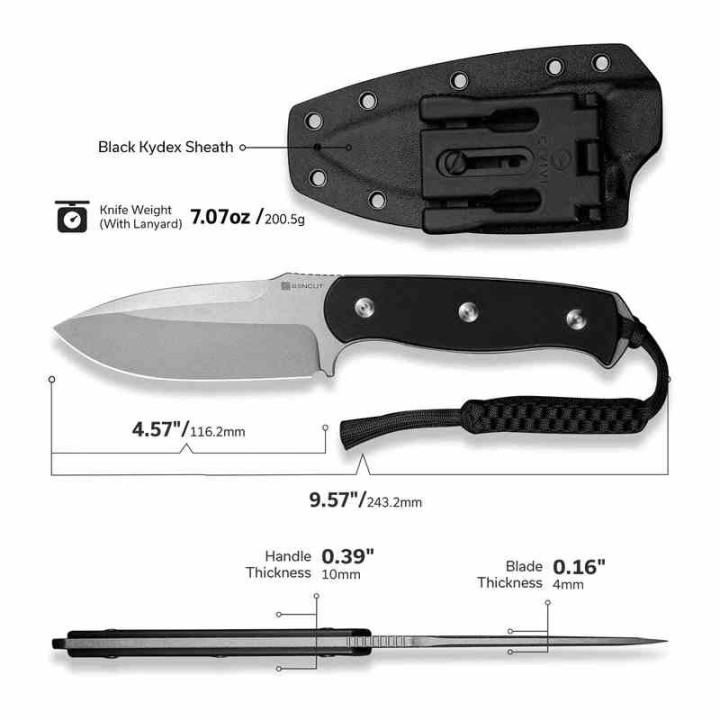 Couteau SENCUT Toxodon Black Lame Acier 9Cr18MoV Manche G10 Etui Kydex S240361 - Livraison Gratuite
