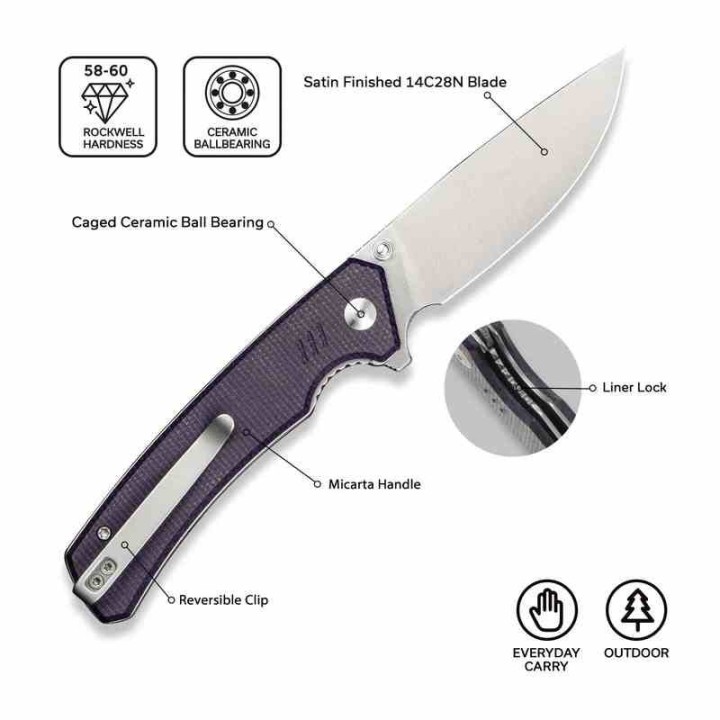 Couteau Civivi Merit Purple Lame Acier 14C28N Manche Micarta IKBS Clip Liner Lock CIVC240123 - Livraison Gratuite