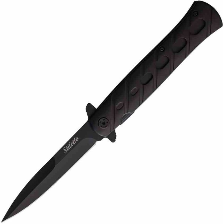 Couteau ElitEdge Stiletto A/O Lame Acier 420C Manche Acier Noir Liner Lock Clip EE10A84BK - Livraison Gratuite