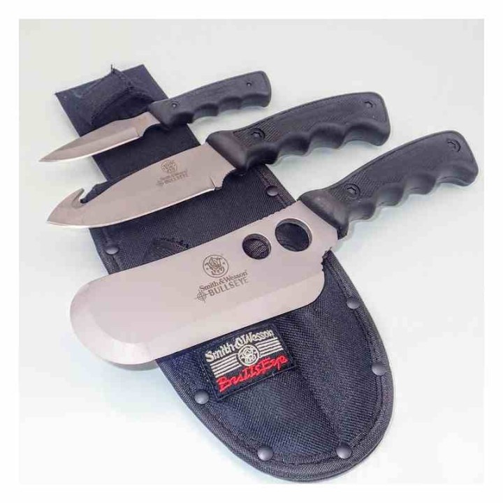 Set de Couteaux Smith&Wesson Campfire Lames Acier Inox Manches Caoutchouc Noir Étui Nylon SWCAMP - Livraison Gratuite