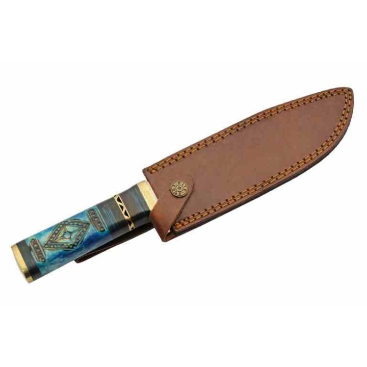 Couteau Fixe Rite Edge Oceans Blue Lame Acier Inox Manche Bois Sculpté Bleu Etui Cuir PA203497 - Livraison Gratuite