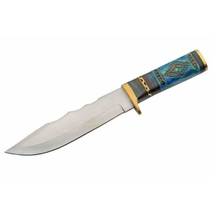 Couteau Fixe Rite Edge Oceans Blue Lame Acier Inox Manche Bois Sculpté Bleu Etui Cuir PA203497 - Livraison Gratuite