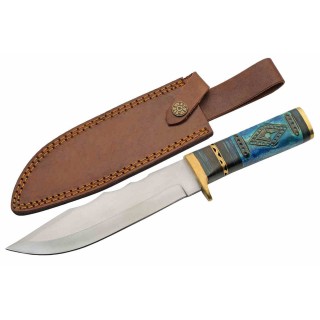 Couteau Fixe Rite Edge Oceans Blue Lame Acier Inox Manche Bois Sculpté Bleu Etui Cuir PA203497 - Livraison Gratuite
