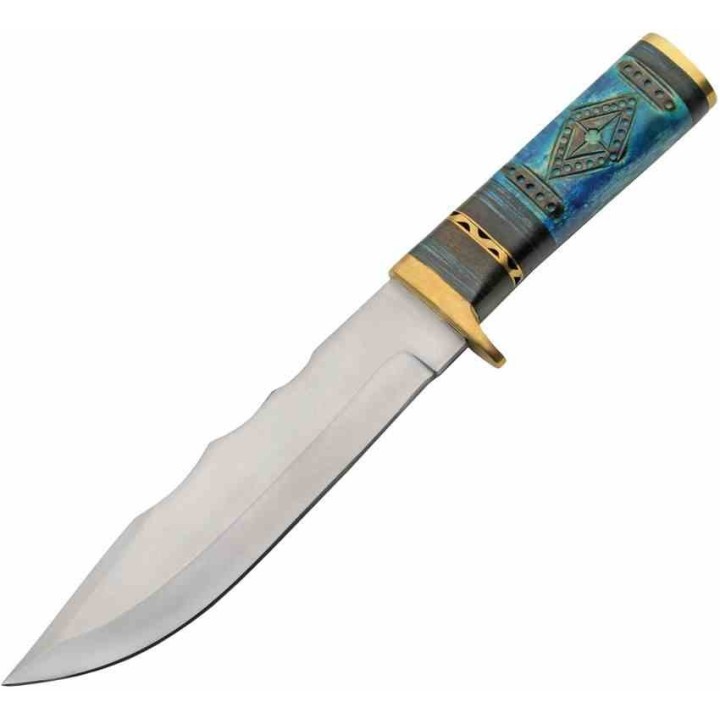 Couteau Fixe Rite Edge Oceans Blue Lame Acier Inox Manche Bois Sculpté Bleu Etui Cuir PA203497 - Livraison Gratuite