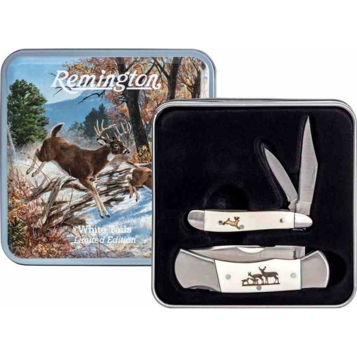  Set de Couteaux Remington White Tails Lames Acier Inox Manches Os Boite Collector R15693 - Livraison Gratuite