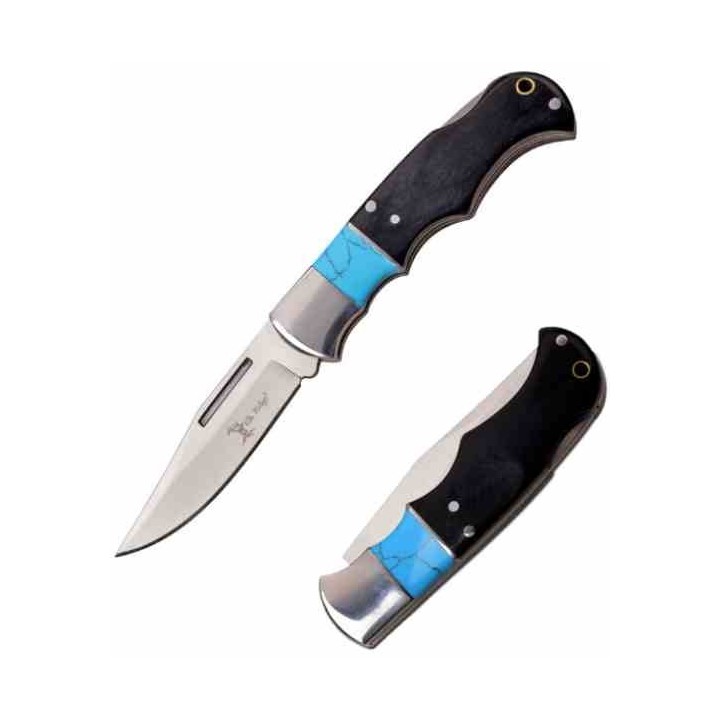 Couteau Elk Ridge Lame Clip Point Acier 3Cr13 Manche Pakkawood/Turquoise Lockback ER943BL - Livraison Gratuite