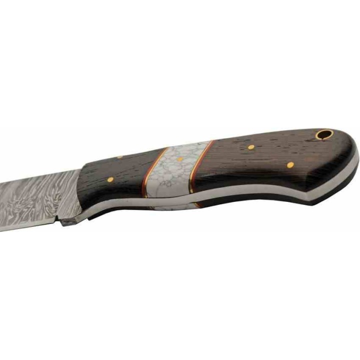 Couteau Damas Hunter Lame Clip Point Acier Damas 256 Couches Manche Bois Etui Cuir DM1383 - Livraison Gratuite