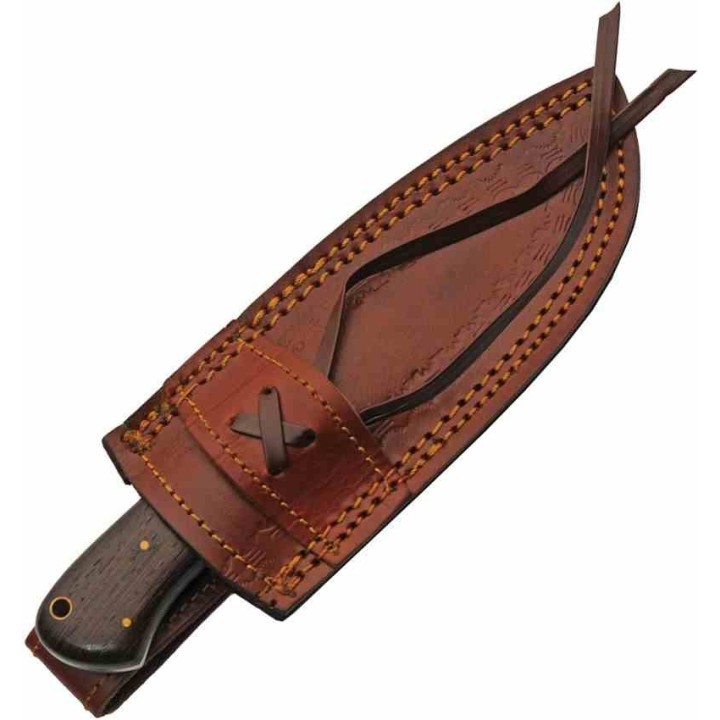 Couteau Damas Hunter Lame Clip Point Acier Damas 256 Couches Manche Bois Etui Cuir DM1383 - Livraison Gratuite