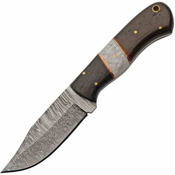Couteau Damas Hunter Lame Clip Point Acier Damas 256 Couches Manche Bois Etui Cuir DM1383 - Livraison Gratuite