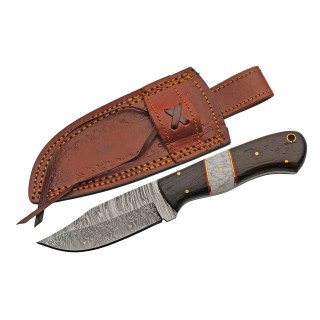 Couteau Damas Hunter Lame Clip Point Acier Damas 256 Couches Manche Bois Etui Cuir DM1383 - Livraison Gratuite