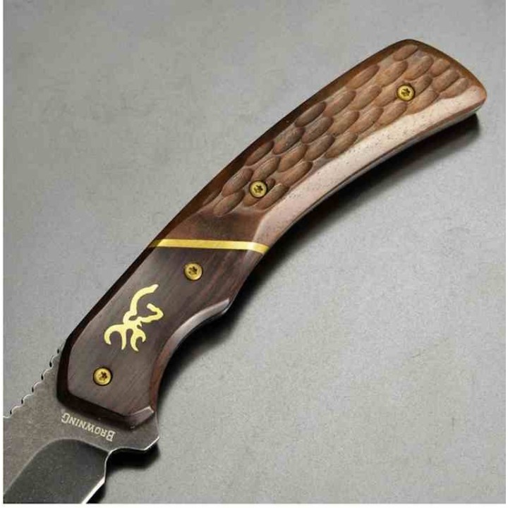Couteau Browning Hunter Series Lame Trailing Point Acier 440C Manche Bois Étui Cuir BR0394B -  Livraison Gratuite