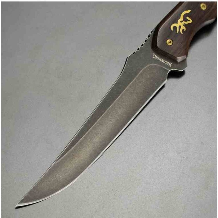 Couteau Browning Hunter Series Lame Trailing Point Acier 440C Manche Bois Étui Cuir BR0394B -  Livraison Gratuite