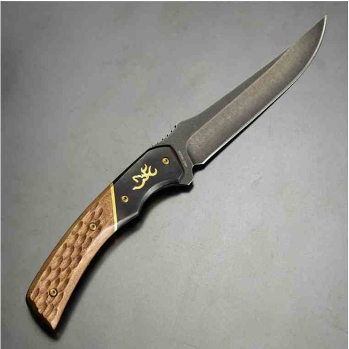 Couteau Browning Hunter Series Lame Trailing Point Acier 440C Manche Bois Étui Cuir BR0394B -  Livraison Gratuite
