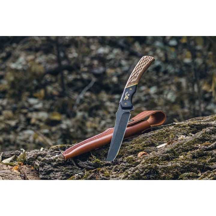 Couteau Browning Hunter Series Lame Trailing Point Acier 440C Manche Bois Étui Cuir BR0394B -  Livraison Gratuite