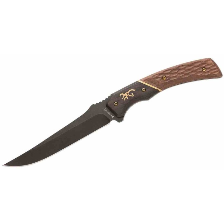 Couteau Browning Hunter Series Lame Trailing Point Acier 440C Manche Bois Étui Cuir BR0394B -  Livraison Gratuite