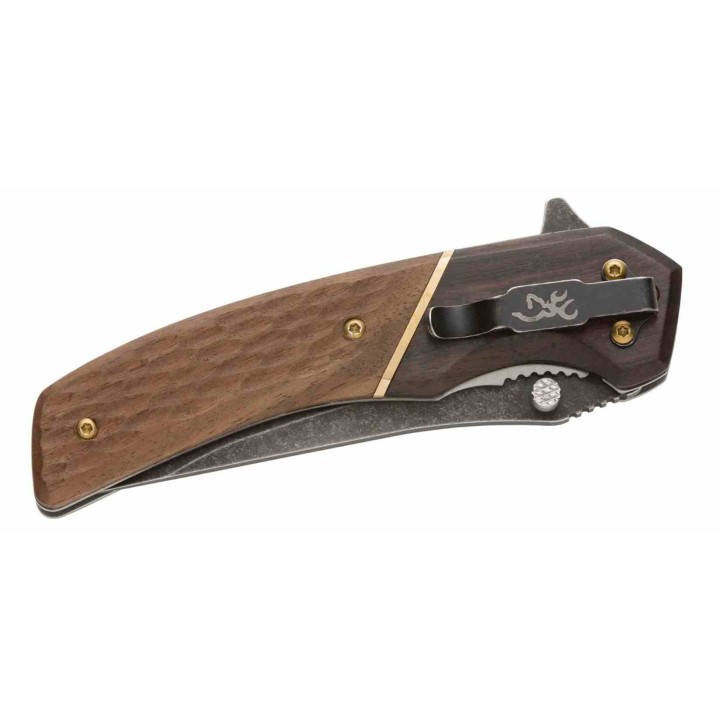 Couteau Browning Hunter Series Lame Clip Point Acier 440C Manche Bois Liner Lock Clip BR0392B - Livraison Gratuite