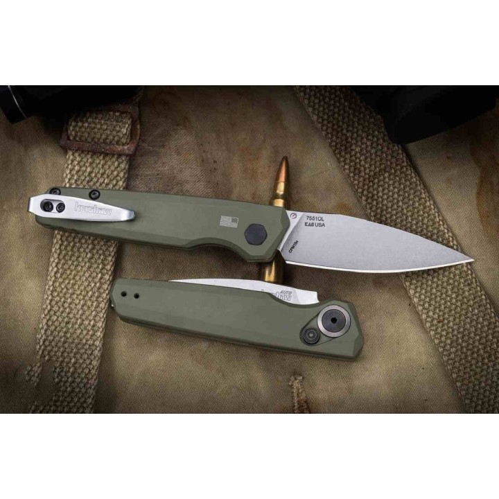 Couteau Automatique Kershaw Launch 18 Green Lame Acier CPM 154 Manche Alu Bouton Lock Clip USA KS7551OL - Livraison Gratuite
