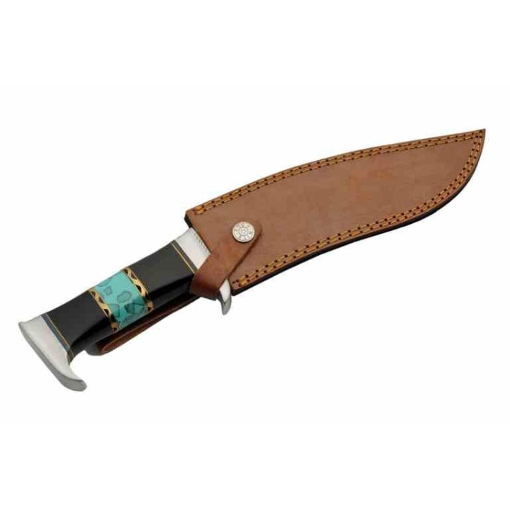 Couteau Kukri Lame Acier Inoxydable Manche Résine et Turquoise Étui Cuir PA203530 - Livraison Gratuite
