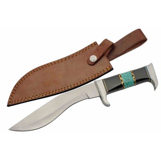 Couteau Kukri Lame Acier Inoxydable Manche Résine et Turquoise Étui Cuir PA203530 - Livraison Gratuite