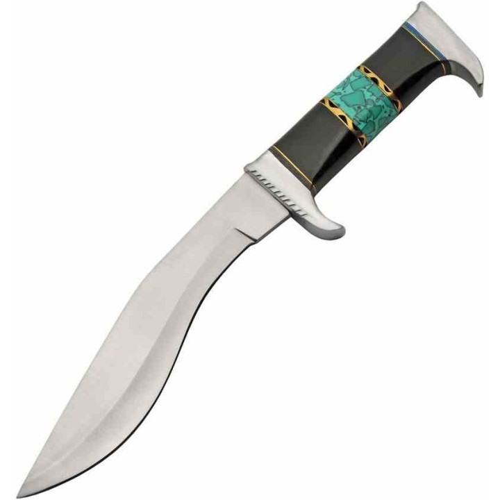 Couteau Kukri Lame Acier Inoxydable Manche Résine et Turquoise Étui Cuir PA203530 - Livraison Gratuite