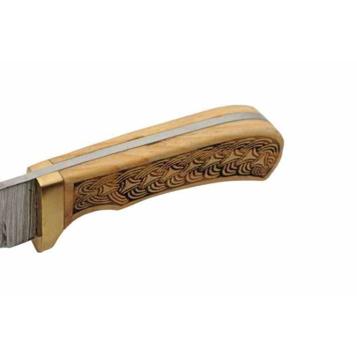 Couteau Celtic Braid Lame Acier Damas 256 Couches Manche Bois Sculpté Étui Cuir DM1390 - Livraison Gratuite