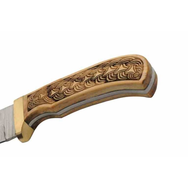 Couteau Celtic Braid Lame Acier Damas 256 Couches Manche Bois Sculpté Étui Cuir DM1390 - Livraison Gratuite
