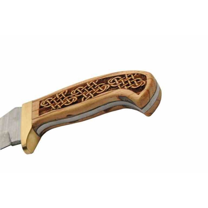 Couteau Celtic Knots Hunter Lame Acier Damas 256 Couches Manche Bois Motif Celtique Étui Cuir DM1386 - Livraison Gratuite