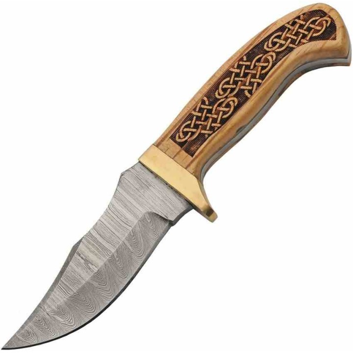 Couteau Celtic Knots Hunter Lame Acier Damas 256 Couches Manche Bois Motif Celtique Étui Cuir DM1386 - Livraison Gratuite