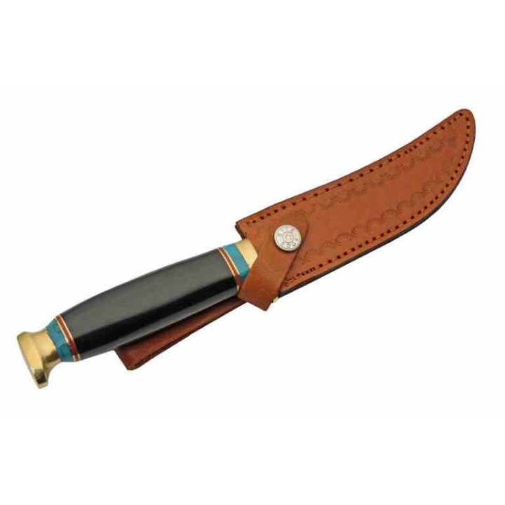 Couteau de Chasse Black Tiger Lame Acier Inox Manche Résine Étui Cuir PA203489 - Livraison Gratuite