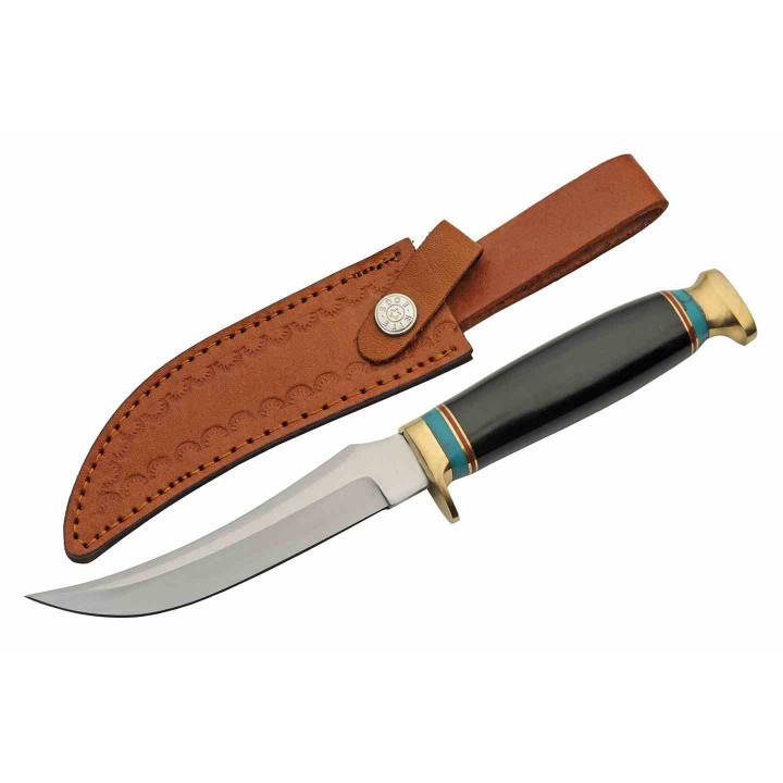 Couteau de Chasse Black Tiger Lame Acier Inox Manche Résine Étui Cuir PA203489 - Livraison Gratuite