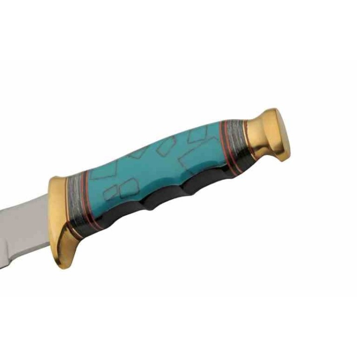 Couteau Bowie Turquoise Lame Acier Inoxydable Manche Résine Étui Cuir PA3451 - Livraison Gratuite