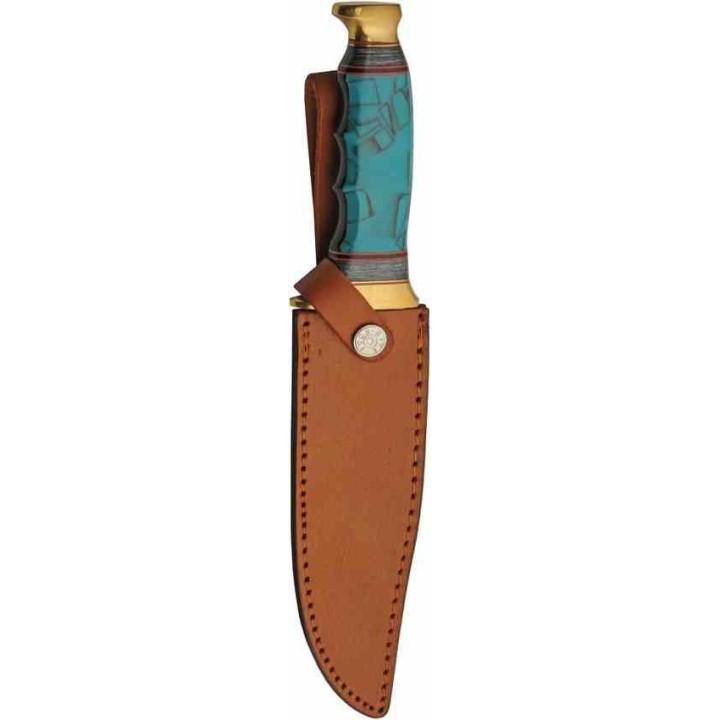Couteau Bowie Turquoise Lame Acier Inoxydable Manche Résine Étui Cuir PA3451 - Livraison Gratuite