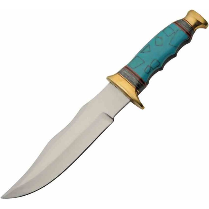 Couteau Bowie Turquoise Lame Acier Inoxydable Manche Résine Étui Cuir PA3451 - Livraison Gratuite