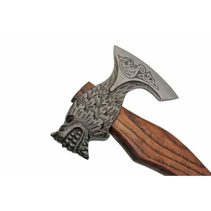 Hache Wolf Hammer Lame Acier Carbone Manche Frêne Brûlé Style Viking Étui Cuir PA882462 -  Livraison Gratuite
